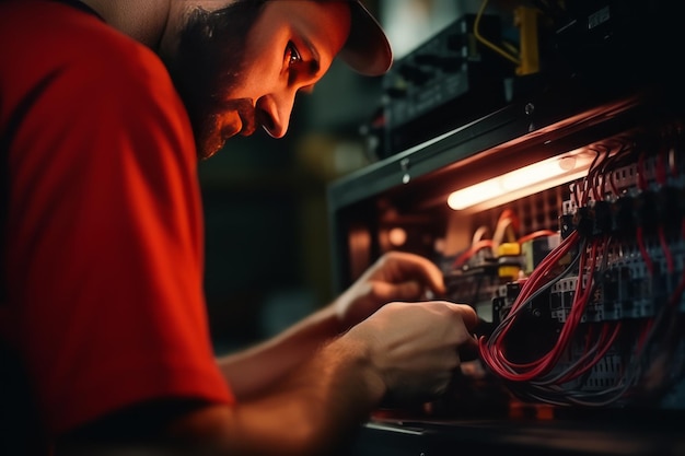 Close up hands of electrician checking repairing wiring at factory