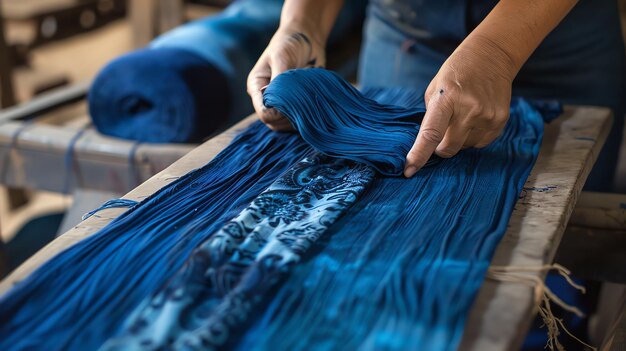 Photo close up of hands folding a blue fabric with intricate patterns showcasing traditional indigo dyeing