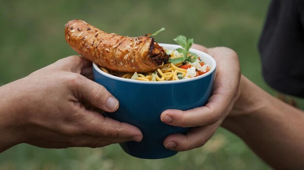 Close up hands holding cup with food