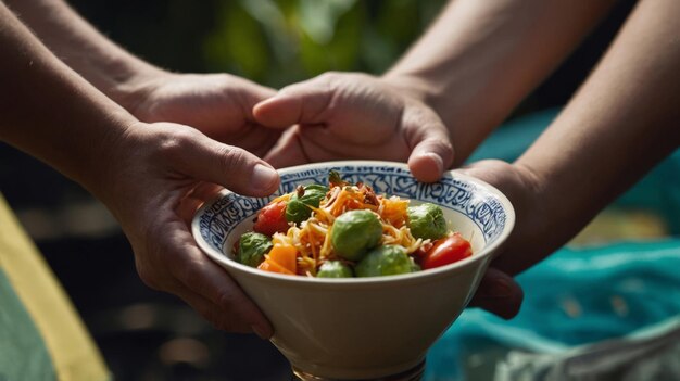 Photo close up hands holding cup with food