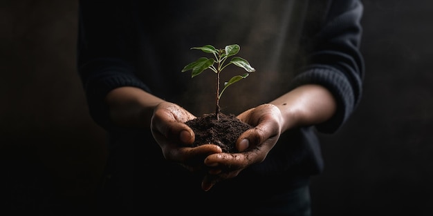 Close up of hands holding green seedling with soil on dark background Ecology concept