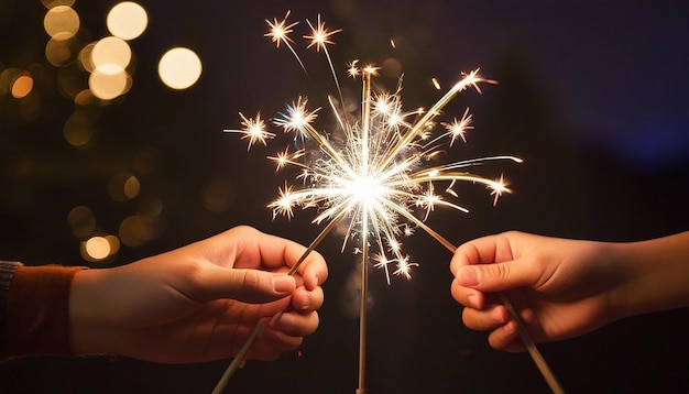 Close up of a hands holding some sparklers celebrating the new year