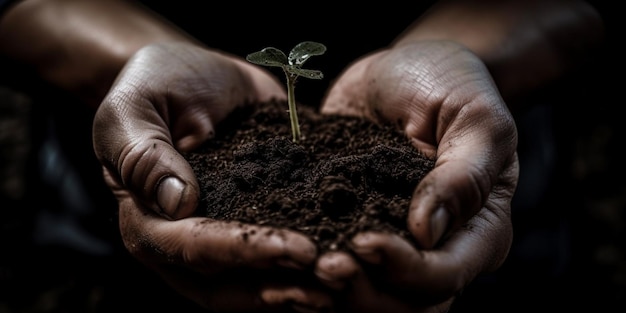 Close up on hands holding a sprout with dirt