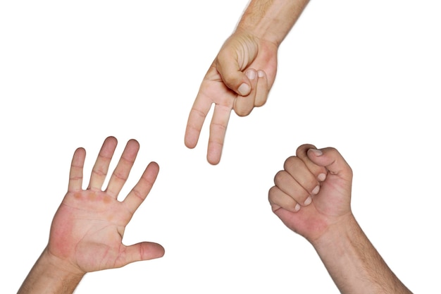 Close up of hands making sign as rock paper and scissors game good isolated on white background with copy space Fighting and funny game for children Collection set of gesture of the sign hand