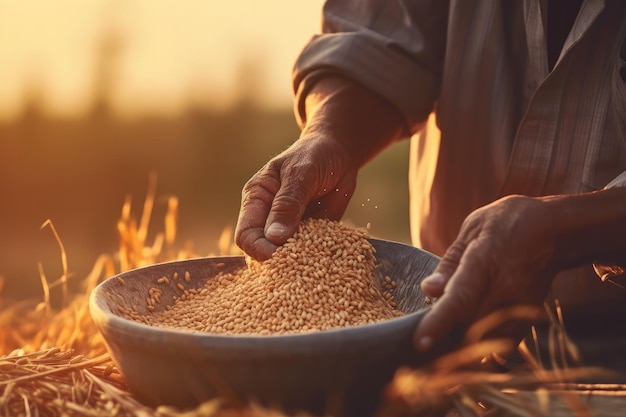 Close up hands of a male farmer pouring grain at sunset Harvest season conseptGenerative AI