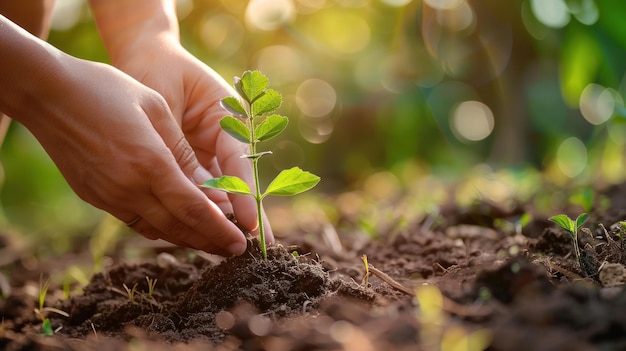 Close up hands planting seed new tree into soil AI generated image