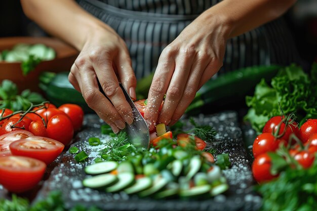 Photo close up of hands preparing a salad