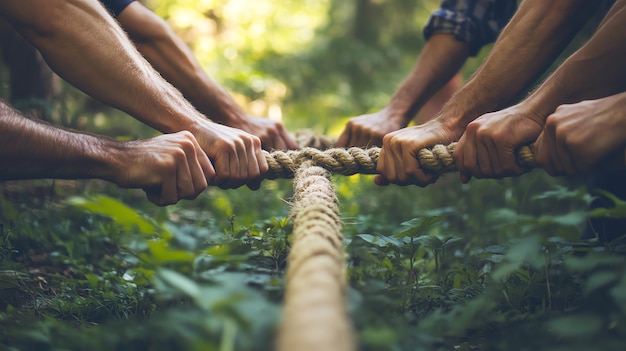 Photo close up of hands pulling on a thick rope during a tug of war competition