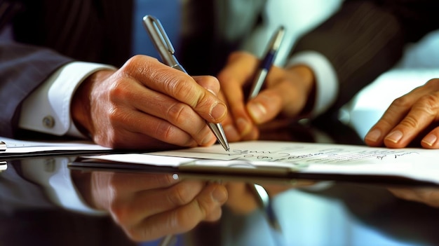 close up of hands signing investment contract papers on a shiny table with a silver pen in the foreground and a reflection of the scene visible in the background