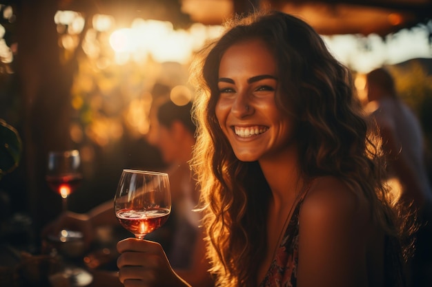 Close up of hands toasting wine at party Generative AI