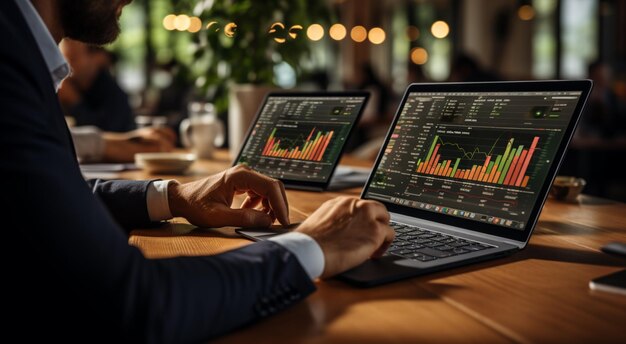 Close up of hands typing on laptop and a cup of coffee and notebook on the side Generative AI