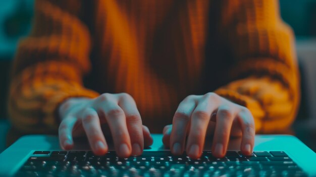 Photo close up of hands typing on laptop keyboard with warm ambient lighting