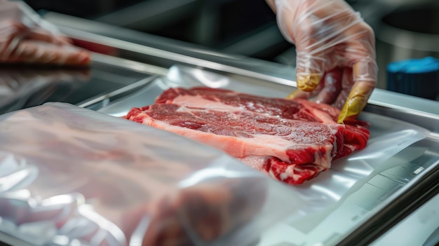 Close up hands of worker packing meat