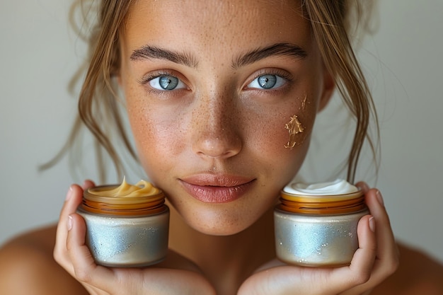 Close up of hands of Young aged woman holding two bottles of different cosmetic skincare products and comparing choosing what to apply isolated over grey background Front view Horizontal shot