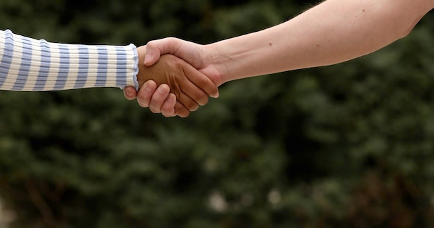 Close-up of handshake African woman and white man.