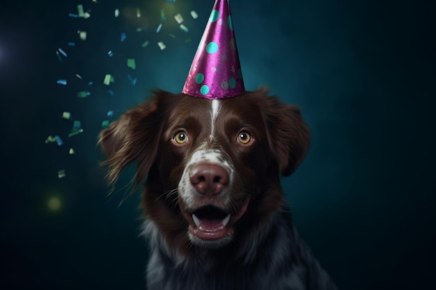 A close up happy dog in a birthday hat on blue background