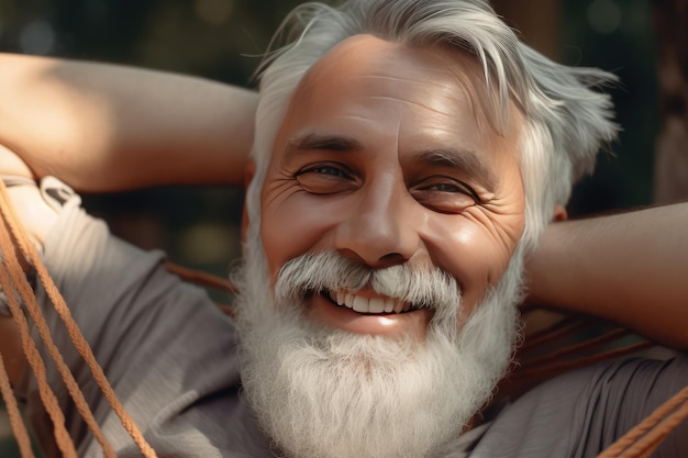 Close up of happy elderly bearded gray haired male lying