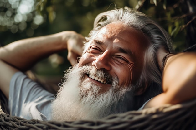 Close up of happy elderly bearded gray haired male lying