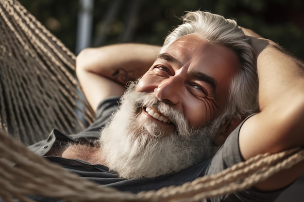 Close up of happy elderly bearded gray haired male lying