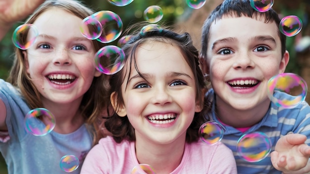 Close up on happy kids playing with soap bubbles