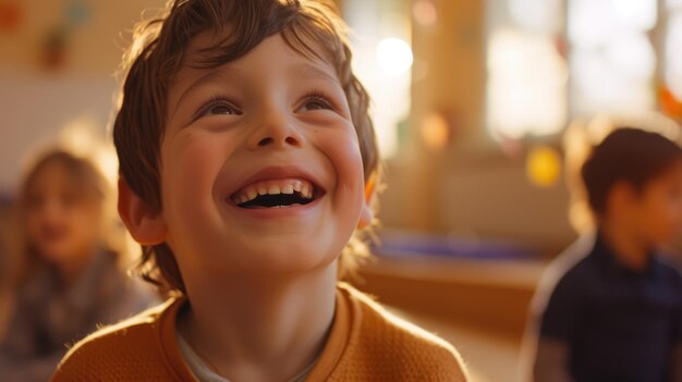 Photo close up of happy student with curly hair laugh while looking at camera aig