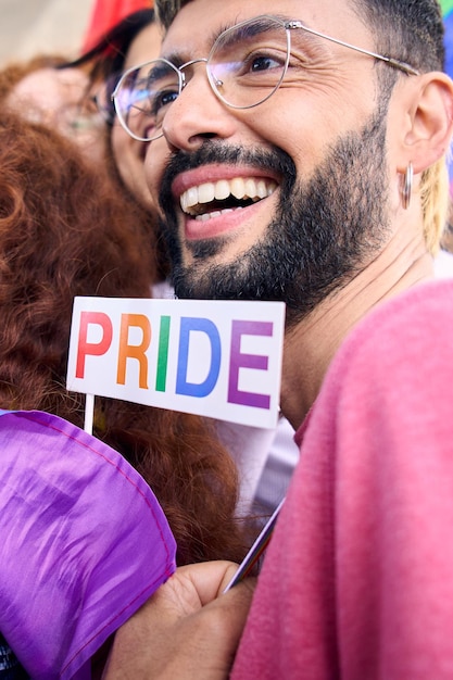 Photo close up happy young people posing funny selfie celebrating gay pride festival day outdoors