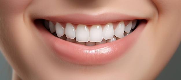 Close up happy young woman showing perfect smile with white straight teeth