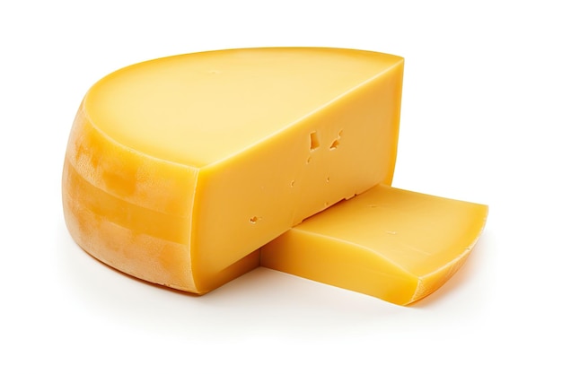 Close up of hard Dutch gouda cheese on white background