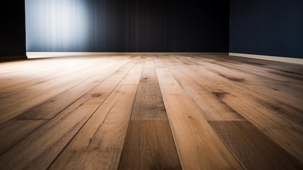 A close up of a hardwood floor with a dark wall behind it.