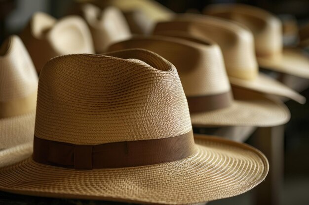 a close up of a hat with a brown band on it