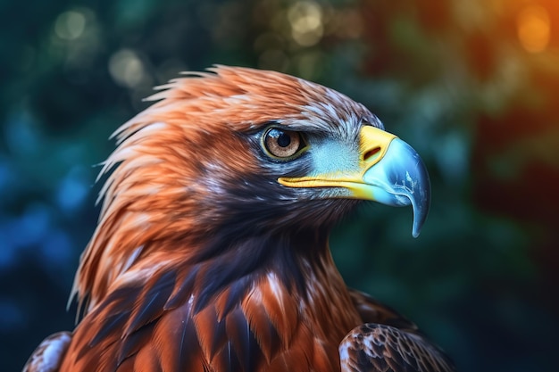 close up head of eagle behind blurred nature background