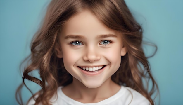 Close up head shot portrait image with smiling little brownhaired girl