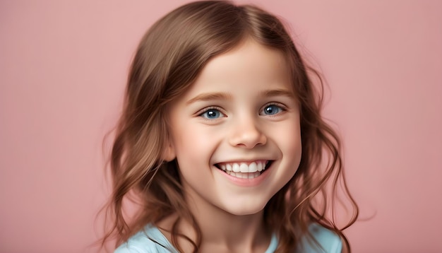 Close up head shot portrait image with smiling little brownhaired girl