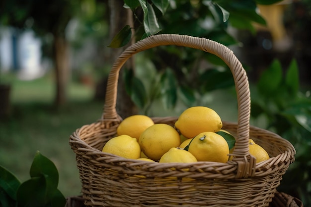 Close up Healthy Organic lemon in the Basket garden in background food photography