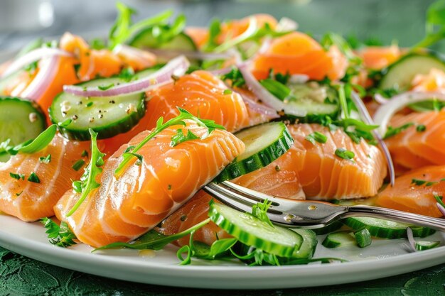 Photo close up of healthy salmon and salad on fork