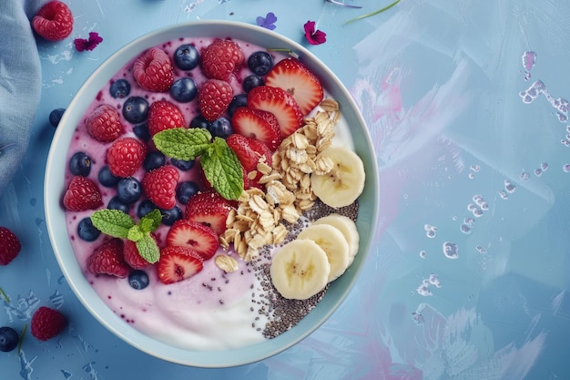 Close Up of Healthy Vegan Breakfast with Superfoods and Fresh Berries