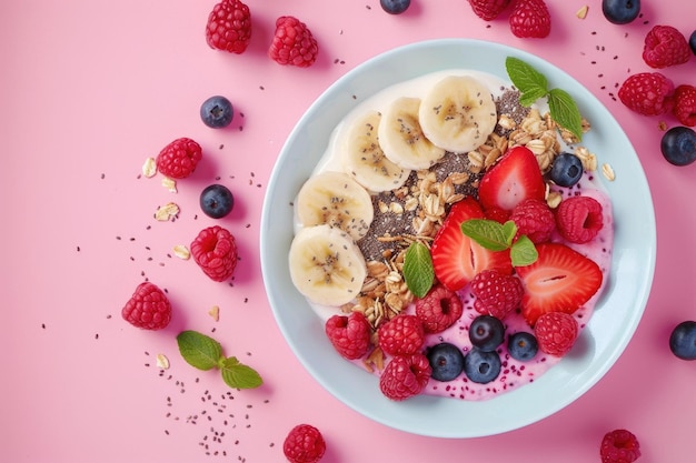 Close Up of Healthy Vegan Breakfast with Superfoods and Fresh Berries