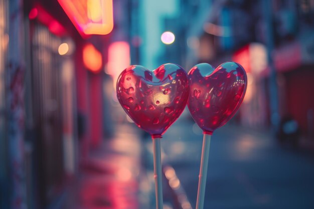 Close up of heart shaped lollipops against of vibrant city bokeh lights creating romantic atmosphere