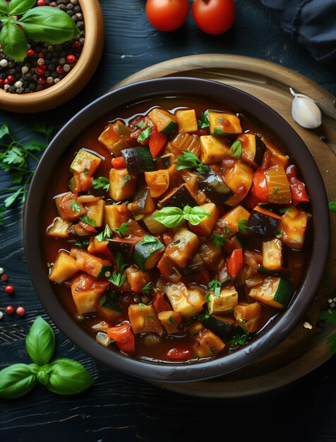 Photo close up of hearty spanish pisto with fresh vegetables