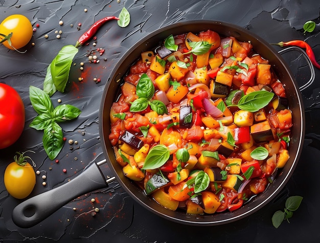 Photo close up of hearty spanish pisto with fresh vegetables