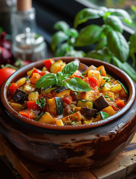 Photo close up of hearty spanish pisto with fresh vegetables