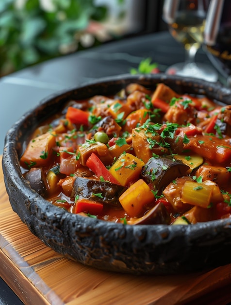 Photo close up of hearty spanish pisto with fresh vegetables