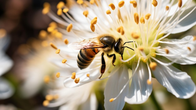 Close up of a heavily loaded bee on a white flower