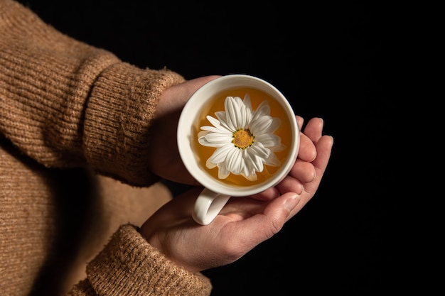 Close-up of herbal chamomile tea with chamomile flower in female hands on a black background, top view.