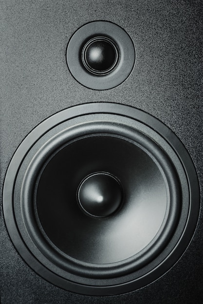 Close up of high and low frequency speakers, membrane audio speaker