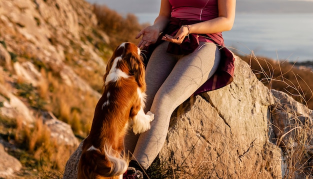 Close up hiker with dog in nature