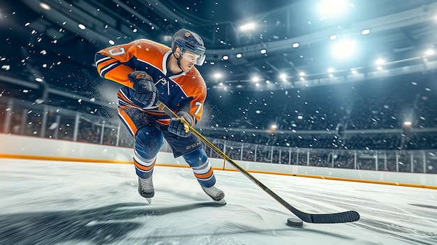 A close up of a hockey player on the ice with a stick