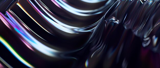 Close up of holographic glass shapes with dark background and colorful reflections