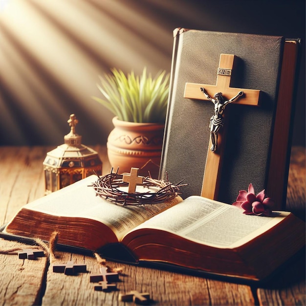 Close up of a holy bible and christian cross on wooden table Happy good friday or religion concept