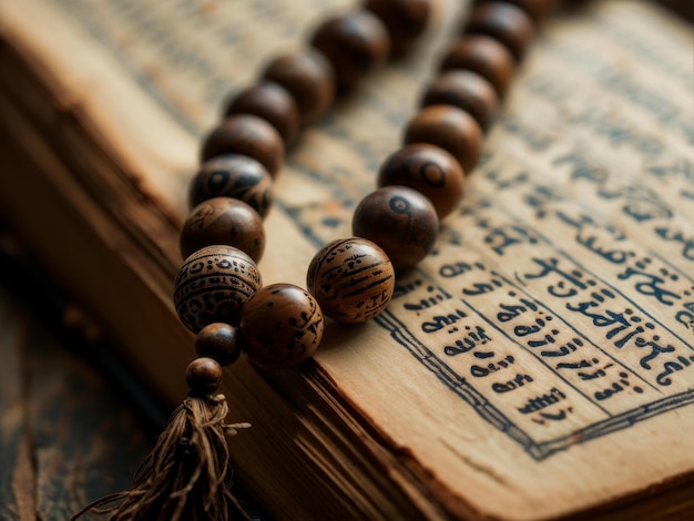 close up of holy rosary beads and rosary on wooden background ramadan concept close up of